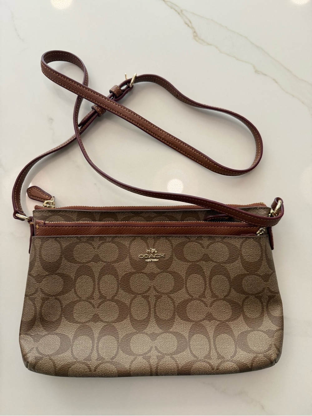 Coach Signature Canvas Double Zip Crossbody Bag Brown + Pouch